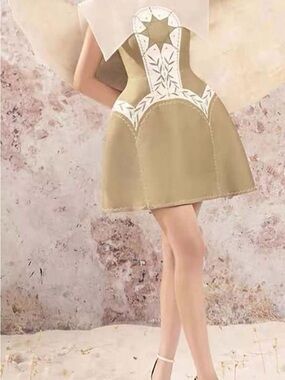 Structured A-Line Mini Dress in Beige with White Trim